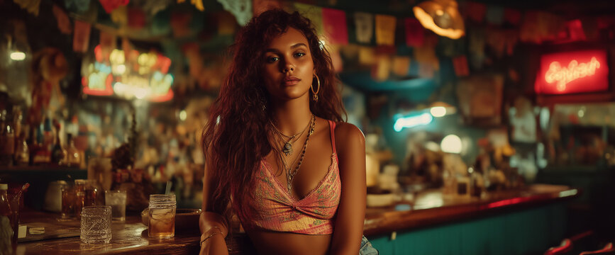 Portrait of an exotic woman in the bar , a small, old-fashioned diner. the scene has a warm, miami vibe, with long hair, a colorful top and shorts, and neon lights in the evening. Hyper-realistic phot