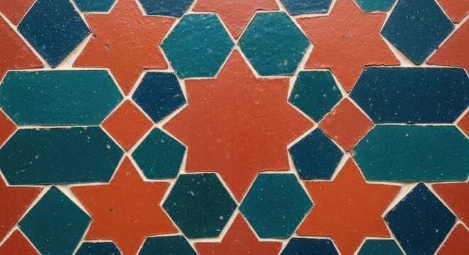 Moroccan Zellige tile pattern with blue and green hexagonal shapes on red background wallpaper poster banner download 2026 2027