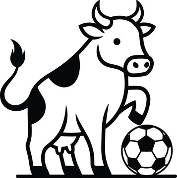 Cute Minimalist Black and White Vector Illustration of a Dairy Cow Playing Soccer with a Football on a White Background