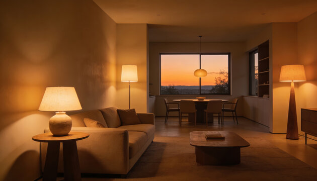 Mother relaxation day warm living room at sunset with soft lighting creating cozy calm mood
