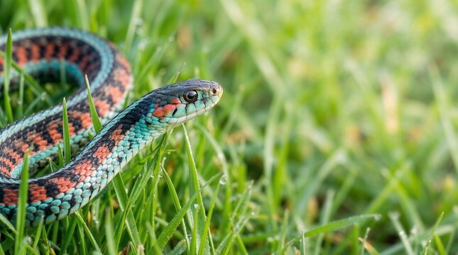Rare endangered San Francisco garter snake with vibrant turquoise and orange stripes on marsh ground with copy space