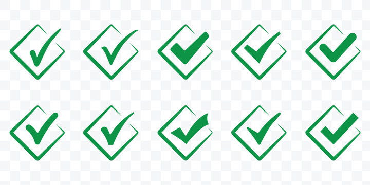 Сheck mark vector icons set. Simple tick and approved sign collection. Minimal black checkmark glyph symbols for correct, verified, or completed status on white background. eps 10