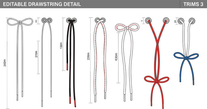 Technical apparel illustration featuring editable drawstring details with multiple tie styles measurements and colorful cord options for clothing design.