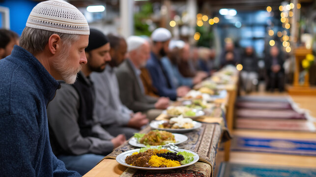 Church basement interfaith potluck with Muslim prayer mats rolled beside Christian altar, Sikh turban and Jewish kippah wearers sharing meal, community building through food, diver