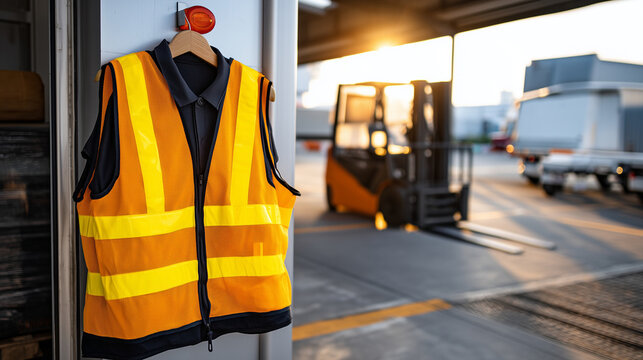 Yellow safety vest hanging on hook beside loading dock door with afternoon sunlight streaming through, forklift tire marks visible on concrete floor, emergency stop button mounted