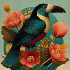 Obraz premium Bright Tropical Illustration Featuring a Bold Toucan Among Leaves and Flowers in a Retro 1950s Tiki Bar Style With Vibrant Colors