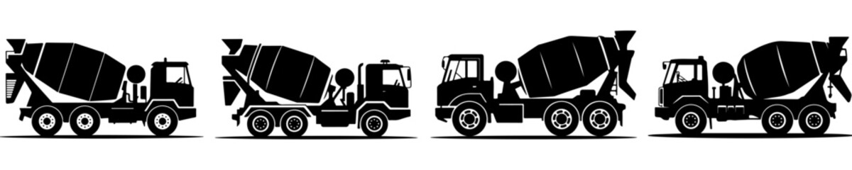 Fototapeta premium Construction truck icon vector clip-art, Cement truck silhouette collection construction vehicle, Concrete mixer truck silhouette design illustration