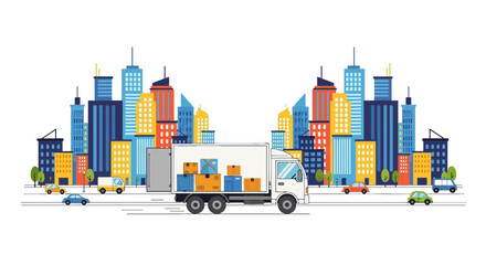 Fototapeta premium Illustration of a truck filled with boxes in a city setting, with colorful buildings and vehicles