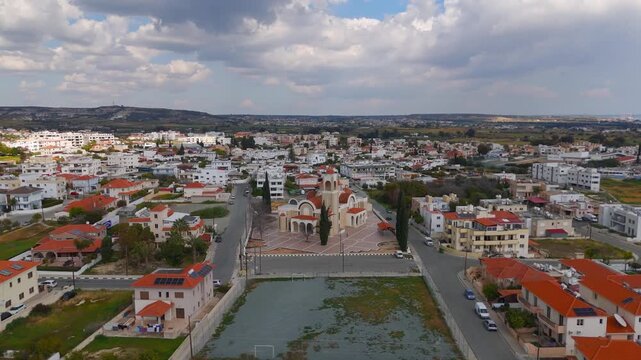 Cinematic Drone Orbit of Archangel Michael Orthodox Church in Oroklini Village Larnaca Cyprus