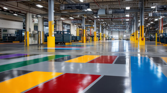 Empty cross-dock terminal floor marked with colored lines indicating traffic flow patterns, overhead signs showing door assignments, industrial lighting creating geometric shadows