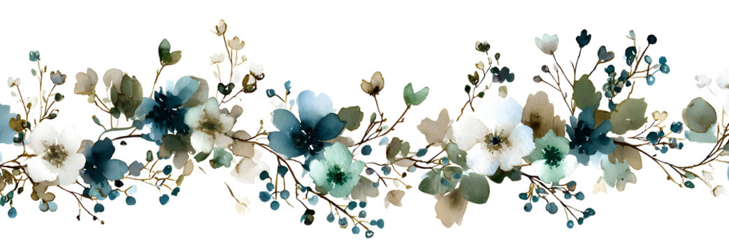 Ethereal watercolor floral garland with soft blue petals and muted greenery provides delicate artistic divider for minimalist wedding stationery and elegant horizontal botanical page headers