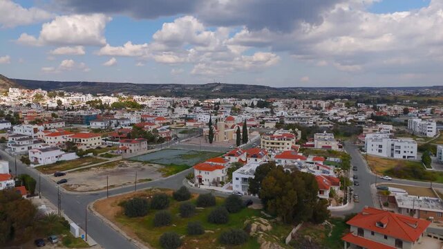 Aerial Push-in Approach to Archangel Michael Orthodox Church in Oroklini Village Cyprus