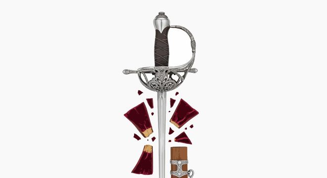 A detailed illustration of a rapier surrounded by a broken object,  on a white background
