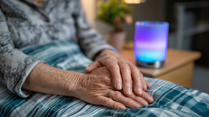 Fototapeta premium Close up of arthritic hands using voice assistant device, smart speaker glowing on bedside table, medication reminders visible on connected screen, perfect for assistive technology