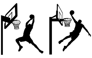 Basketball player silhouette jumping to perform a slam dunk, athlete scoring points during a competitive match on a hoop with backboard, basketball, dunk, silhouette, player, athlete, sport, jump  © Uttham