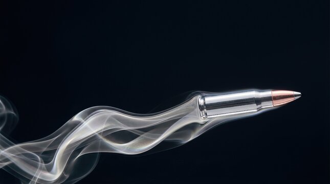 Silver bullet with copper tip surrounded by swirling smoke against a dark background, showcasing a detailed close-up of the ammunition and vapor