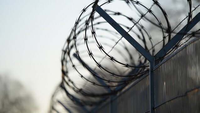 Sharp, spiraling razor wire sits atop a robust security fence, glinting under a bright, diffused sky. This image conveys strong themes of deterrence, security, and restricted access, often associated
