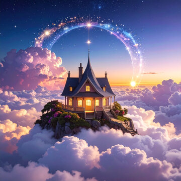 A spooky haunted castle silhouette stands on a dark hill under a moonlit sky in this cartoon vector illustration of a horror landscape