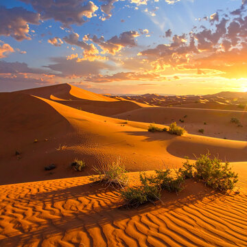A vibrant orange sunset glows over the arid Sahara landscape as the sun dips behind a hot sand dune during a red desert adventure in Morocco