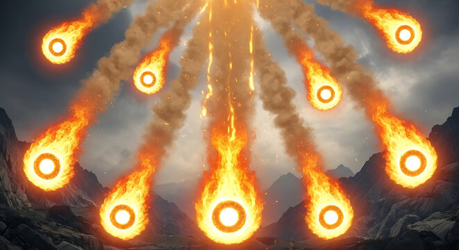 Dramatic orange fireballs and meteors falling from the sky with smoke trails over mountains, depicting an apocalyptic cataclysm, science fiction