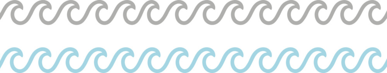 Fototapeta premium Minimalist ocean wave border set, seamless blue and grey sea wave patterns, decorative nautical line art dividers for summer coastal design
