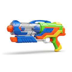 Naklejka premium A colorful toy water blaster with blue, green, orange, and yellow hues is displayed on a white surface.