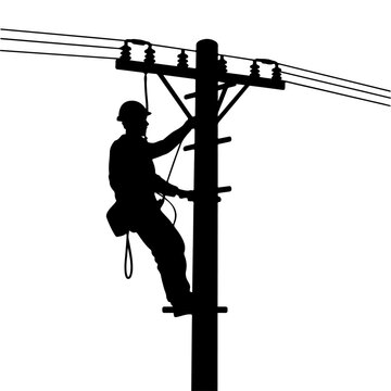 Silhouette of an electrician climbing a utility pole to repair power lines, professional lineman working on high voltage electrical infrastructure, electrician, lineman, utility, pole, power, electric