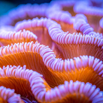 Abstract macro pattern of a blue and yellow spiral anemone and orange sea coral textures in an underwater ocean reef garden