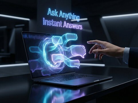 Business professional using AI chatbot for instant answers on laptop in futuristic tech office