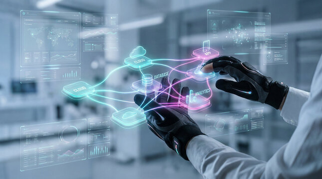 Scientist in lab interacting with futuristic digital network and data visualization