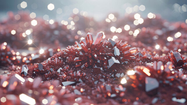 A macro shot of a sparkling red crystals resembling a ruby gemstone with soft bokeh in the background