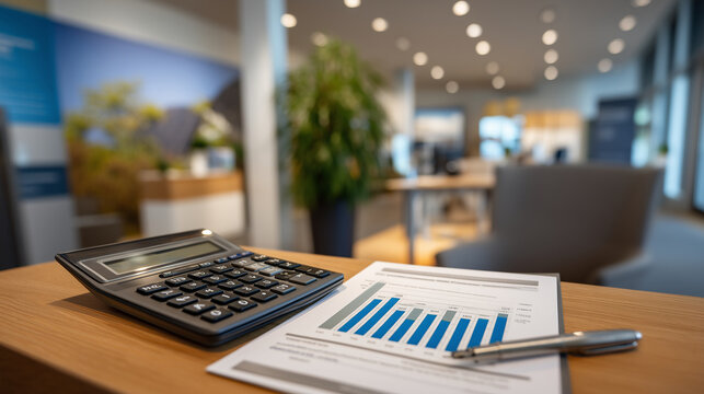 Tax season financial advisor office features wall chart comparing household energy costs with solar investment returns, calculator and application forms on desk, client chairs empt