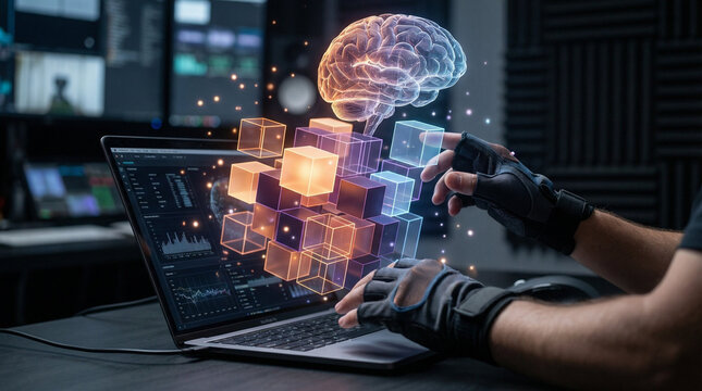 hands typing on laptop with glowing ai brain hologram technology concept