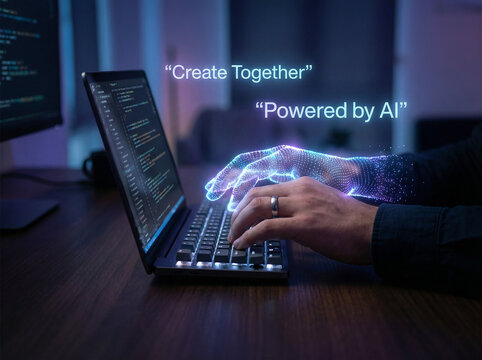 Hands typing on laptop with AI collaboration hologram and neon lighting