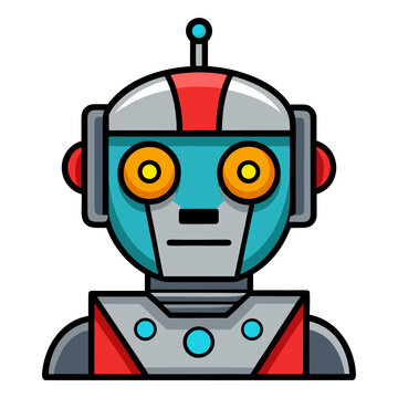 A cartoon robot with a red and gray helmet