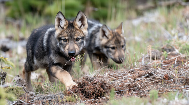 Wolf pup learning hunting posture from adult pack member in meadow clearing, ears alert, body crouched, scattered prey animal tracks visible in soft earth, ideal for wildlife behav