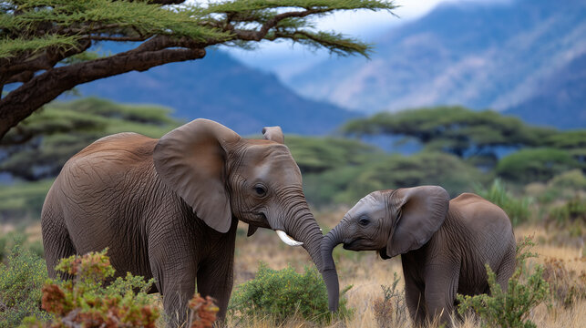 Elephant matriarch teaching juvenile to use trunk for stripping bark from acacia tree, sanctuary grassland stretching beyond, distant mountains under afternoon haze, perfect for an
