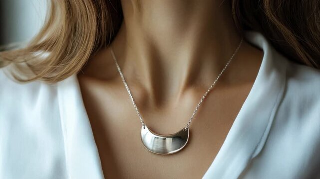 Close-up view of a stylish silver crescent necklace on a woman's neck with a white blouse