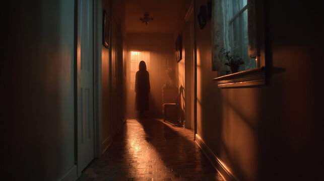 Eerie encounter with shadows abandoned hallway horror scene dimly lit atmospheric perspective