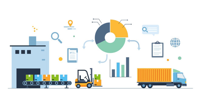Supply Chain Logistics & Data Management. Manufacturing, Inventory, Delivery, and Global Distribution Process with Analytics Icons. Flat Design.