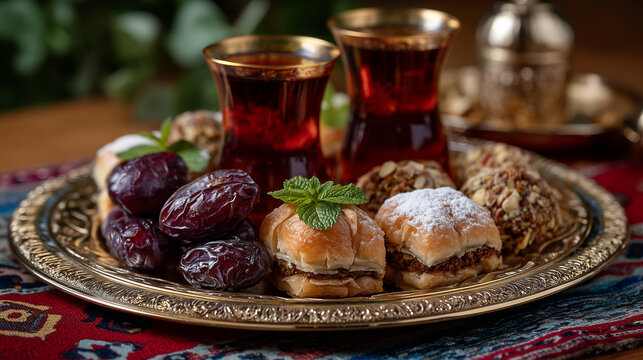 Traditional Middle Eastern sweets arranged on ornate platter with gold trim, dates and dried fruits, mint tea glasses catching light, patterned textile underneath, ideal for Eid fe
