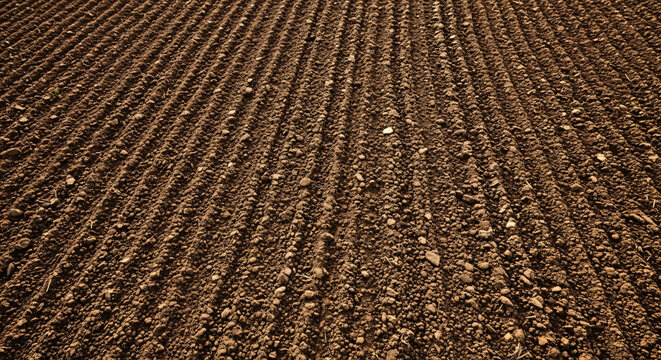 Plowed agricultural field with furrows and rich brown soil  