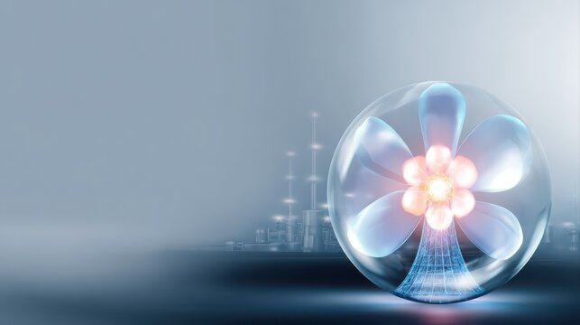 Nuclear fusion energy concept with glowing reactor core in transparent sphere, futuristic clean power technology background