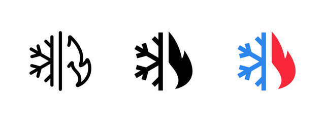 Heat and freeze icon with flame and snowflake representing hot and cold. Temperature, thermal energy and freeze or heat symbol for climate, environment and thermal concepts.