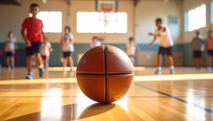 Naklejka premium An active teen basketball player in sports gear holds the ball on a gym court during an intense game competition, showcasing fitness and athlete action while smiling