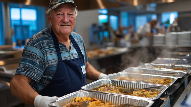 Seventy-year-old volunteer serves hot meals at community food bank kitchen wearing apron, steam rising from serving trays, perfect for senior civic engagement, charitable giving vo