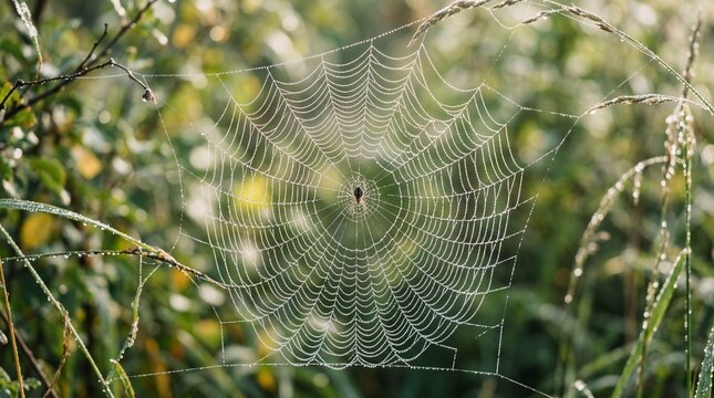 A spider sitting in the center of a dew covered orb weaver web in a morning meadow