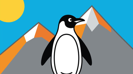 Fototapeta premium Minimalist penguin illustration, cute flightless bird in arctic landscape, flat vector character with snowy mountains and sun