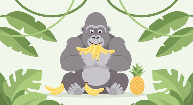 A gray gorilla seated amid jungle foliage eats bananas, with more fruit nearby