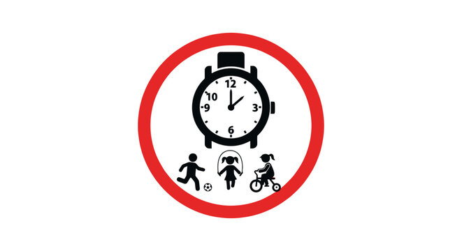 A circular sign featuring a clock above stick figures playing soccer, jump roping, and riding a bike